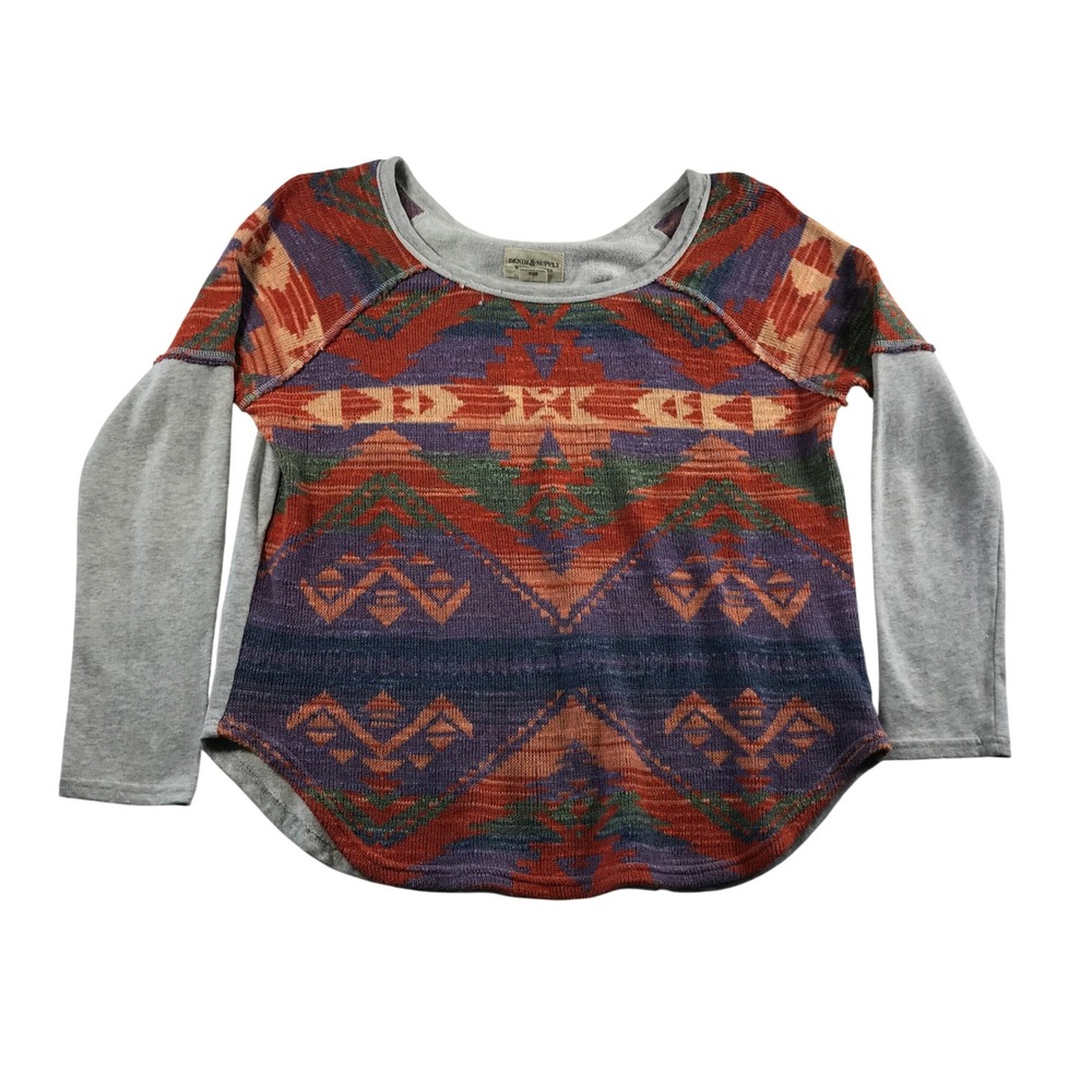 Denim & Supply Ralph Lauren Southwestern Knit Mixed Media Top Grey Orange Large